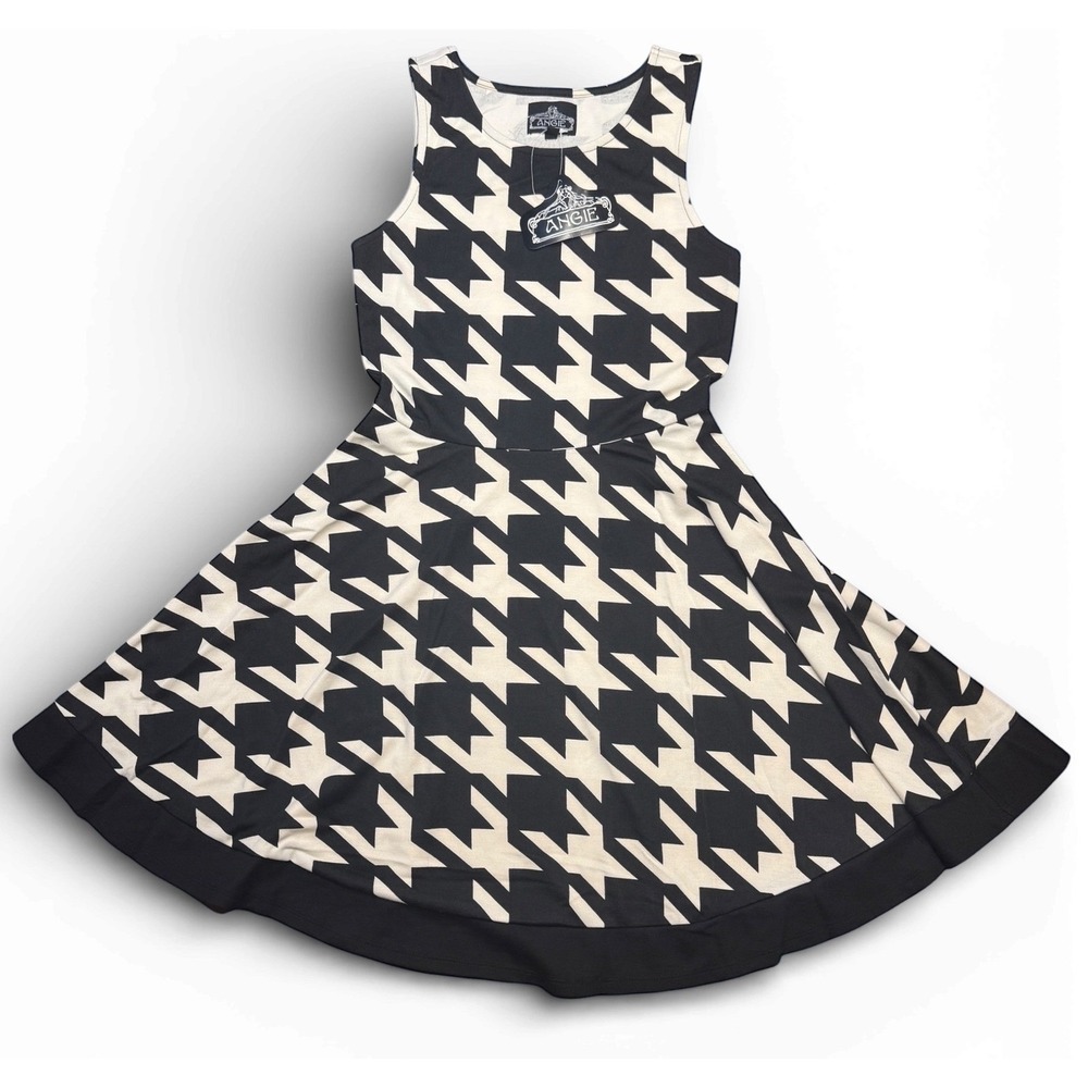 NWT Y2K Deadstock Angie Houndstooth Fit and Flare Dress Black Sleeveless Size M